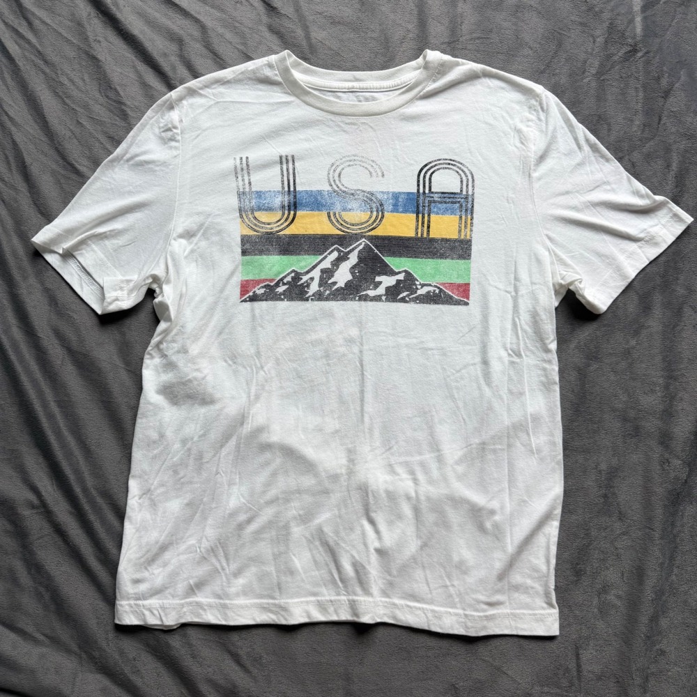 St Johns Bay T-Shirt Men L White USA Mountain Graphic Retro Striped Cotton blend